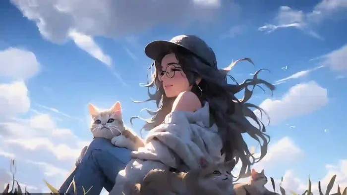 Anime Girl With Cats