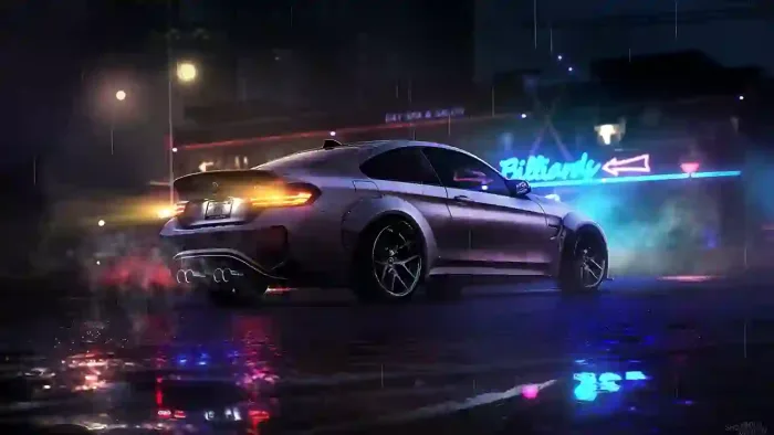 Bmw M4 Parked On A Wet Road At Night