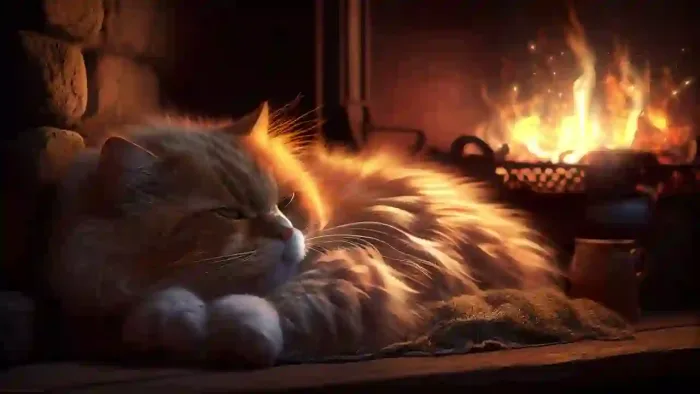 Cat By The Fireplace