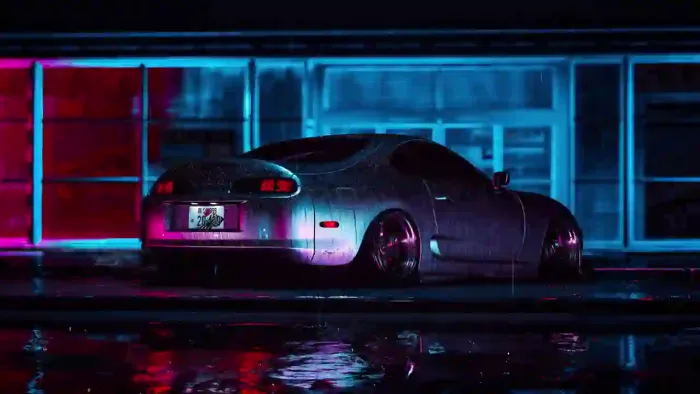 Toyota Supra At Neon Night Under The Rain